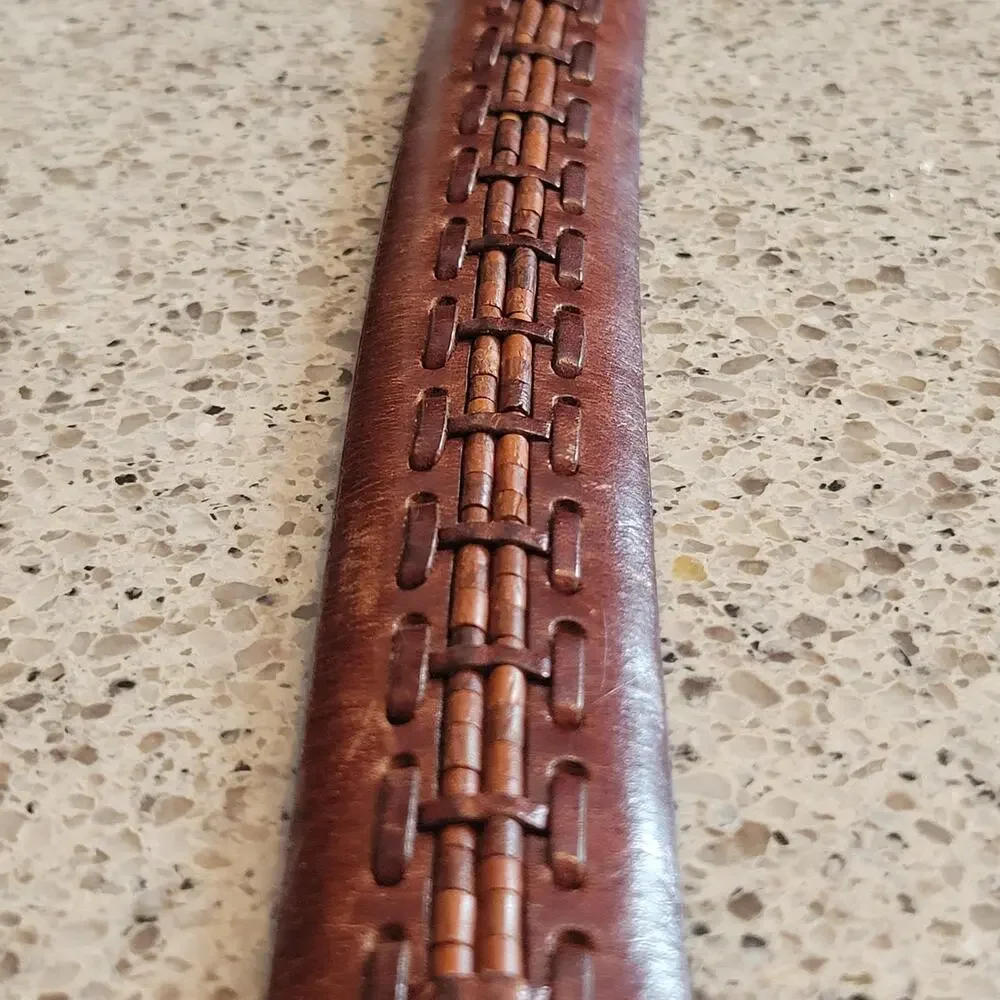 Brighton Mens Wooden Bead Genuine Leather Brown Braided Belt Silver Buckle✨️44